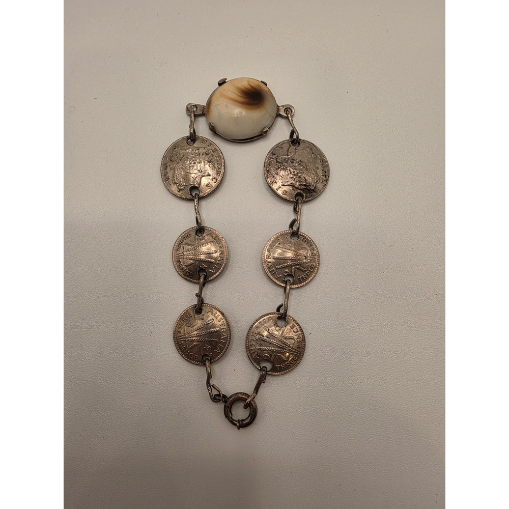 Vntg 1943 Australia Silver Coin Bracelet Cowrie Shell Trench Art WWII George VI